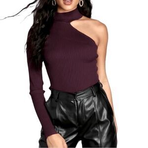 Heiny Collection Brown Mock Neck Cut Out One Shoulder Long Sleeve Shirt Sz Small